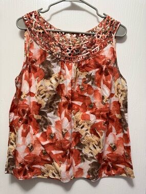 Dana Buchman Floral Sleeveless Blouse Lattice Neckline Lightweight Size Large